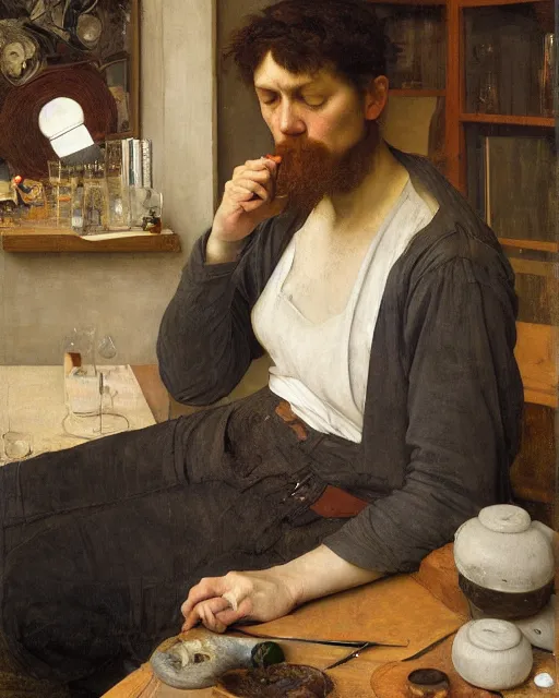 Prompt: an exhausted painter in his studio with a whiskey bottle by edgar maxence and caravaggio, intricate painting, hyper realistic, extremely detailed and beautiful aesthetic face, 8 k resolution