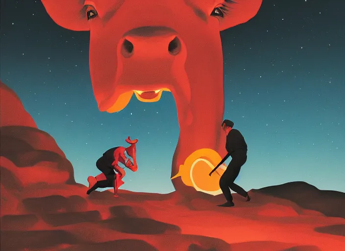 Image similar to isometric painting of a cow devouring a human, black mountains, rhads, dark atmosphere, fire, edward hopper, tristan eaton, victo ngai