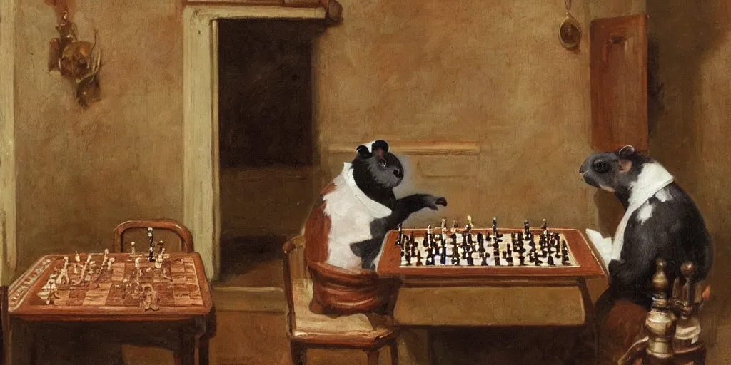 Image similar to a guinea pig playing chess inside a cozy victorian room, realistic oil paint