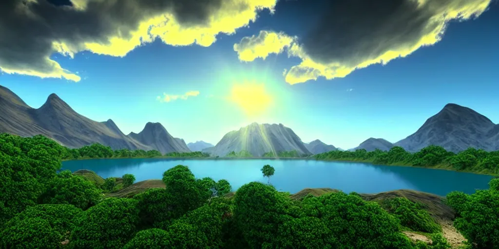 Image similar to a beautiful landscape, sun rises between two mountains, a lake in between the mountains, green, lush vegetation, blue sky, cloudy, 3 d artwork by john stephans, unreal engine 5, extremely detailed, hyper realism