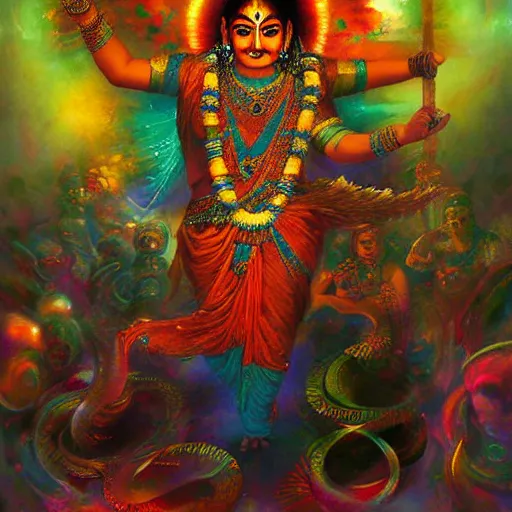 Prompt: lsd trip with krishna in his infinite forms by raymond swanland, highly detailed, bright tones