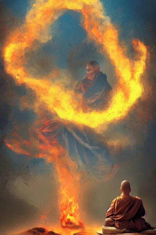 Prompt: A monk meditating in an environment on fire by Afshar Petros, Trending on artstation.