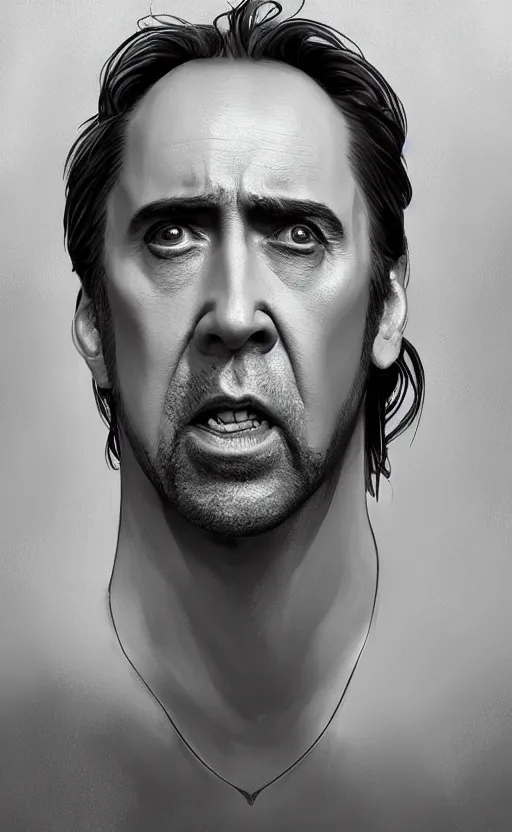 Image similar to nicolas cage as gollum, highly detailed, digital painting, artstation, concept art, smooth, sharp focus, illustration, art by artgerm and alphonse mucha, high definition digital art, in the style of ilya kuvshinov and Ross tran