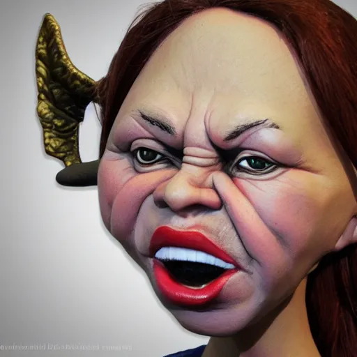 Image similar to realistic caricature portrait sculpture of angry girl angel