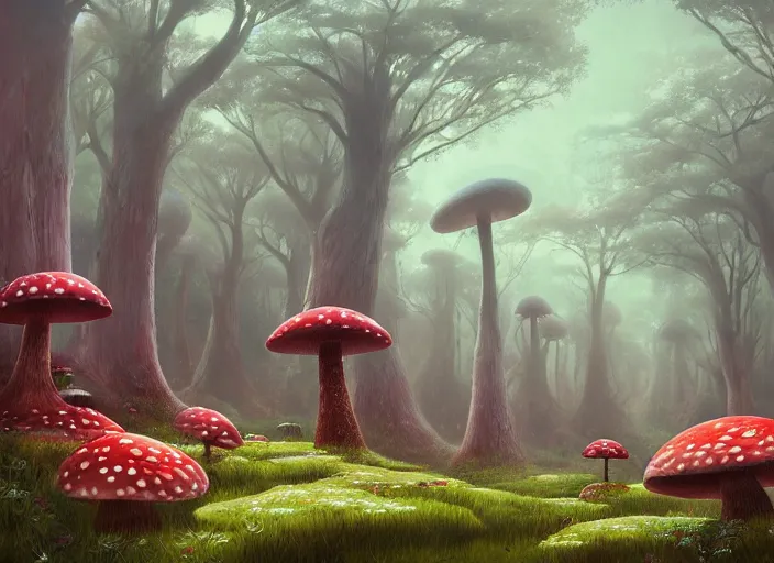 Prompt: an ultra detailed matte landscape of a giant mushroom forest, carmine birds, detailed, cory loftis, james gilleard, tomasz alen kopera, goro fujita, studio ghibli, rim light, exquisite lighting, clear focus, very coherent, plain background, soft painting