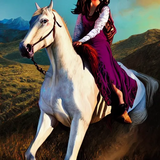 Image similar to a beautiful young kurdish woman riding a beautiufl white horse in the kurdish mountains art by martin ansin, highly detailed, 8 k, high resolution, award winning art, incredibly intricate