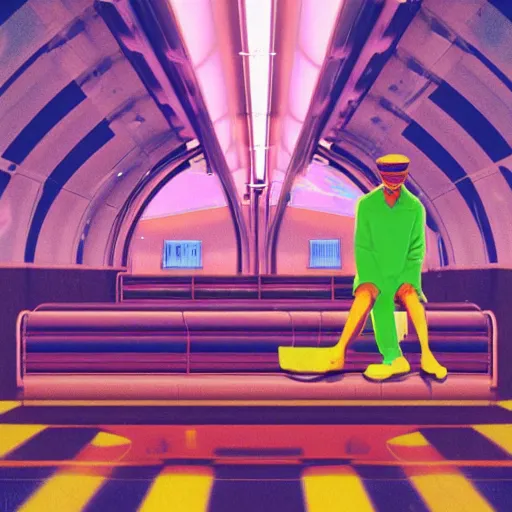 Image similar to lofi vaporwave retro futurism album artwork underground unknown artist sitting on a train