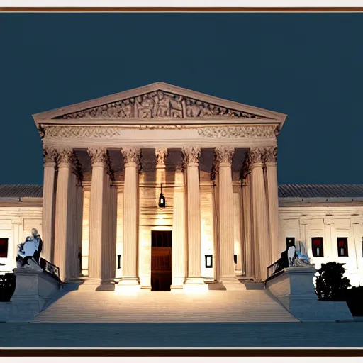 Prompt: Supreme court on fire at night, award winning photo, 8k hyperrealistic