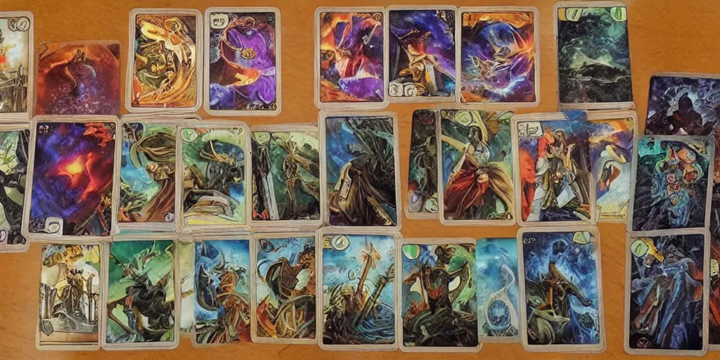 Image similar to impressive card shuffling, mtg, tarot reading, oil painting