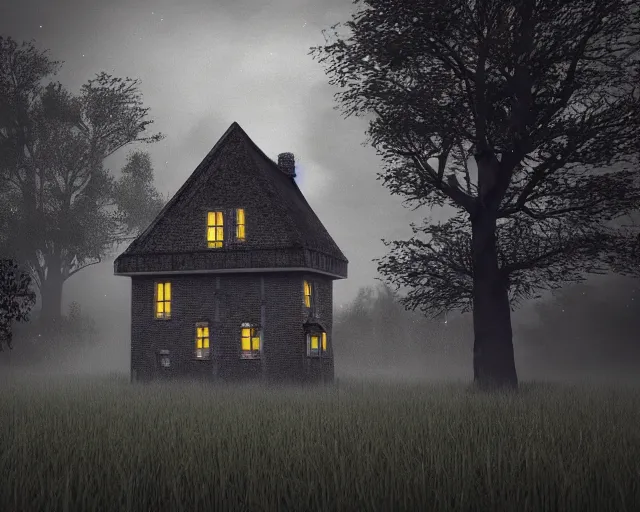 Image similar to A hauntingly sad and lonely house with lit windows, standing alone in a eerie field at night. By Lee Madgwick. Trending on Artstation 4k, unreal engine, 8k render