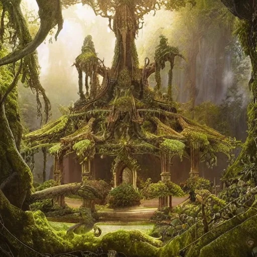 Image similar to a beautiful and highly detailed matte painting of an elven temple in a magical fantasy garden in a lush forest, intricate details, epic scale, insanely complex, 8 k, sharp focus, hyperrealism, very realistic, by caspar friedrich, james gurney and brian froud,