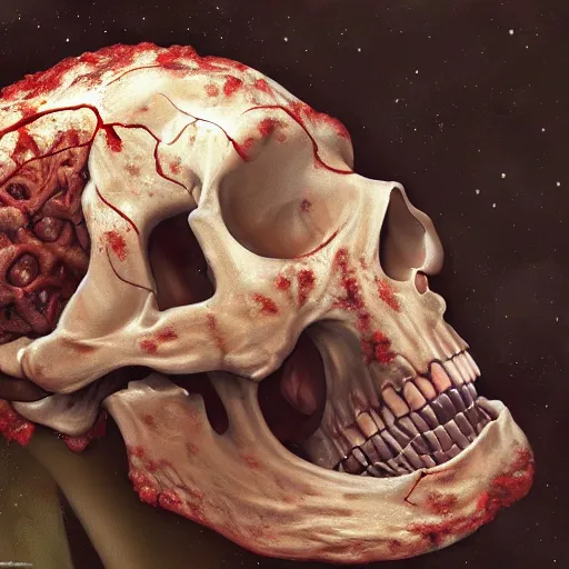 Prompt: ron desantis eating brains from a person ’ s opened skull, cosmic horror painting, elegant intricate digital painting artstation concept art by mark brooks and brad kunkle extreme detail 4 k