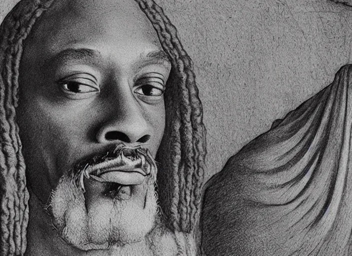 Image similar to a very high resolution image from a new movie, snoop dogg. drawn by leonardo da vinci. mountains, directed by wes anderson