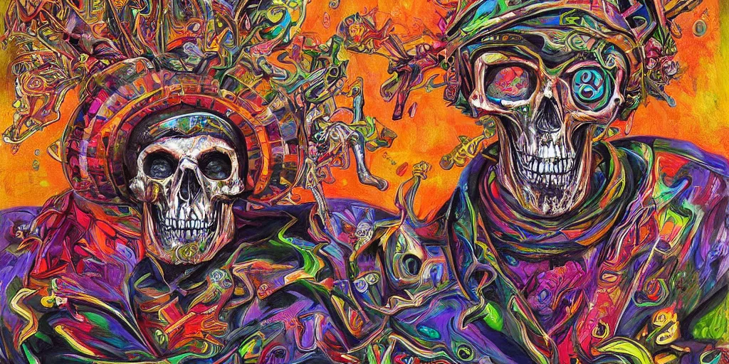 Prompt: extravagant and complex painting with almost quantum details of a hybrid of a zombie skull with a cap, riding a skateboard at full speed and you can see the mandiba, psychedelic mad surreal new psy horror art