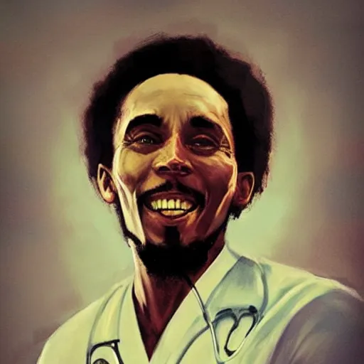 Image similar to bob marley in scrubs as a doctor, by greg rutkowski, great colors, trending on artstation