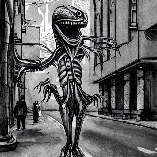 Prompt: alien monster on a city street, realistic