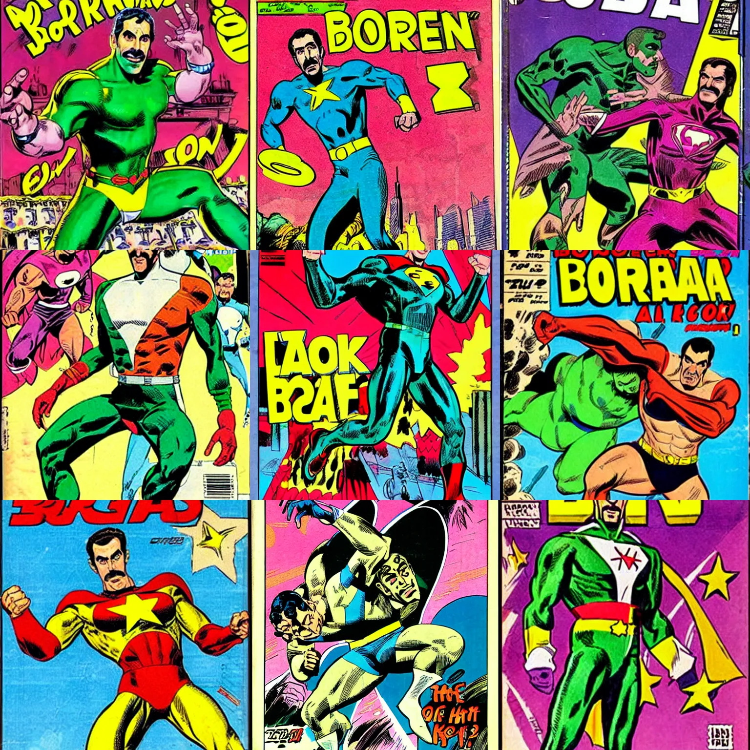 Prompt: the cover of a comic book depicting borat in a superhero pose. art by jack kirby.