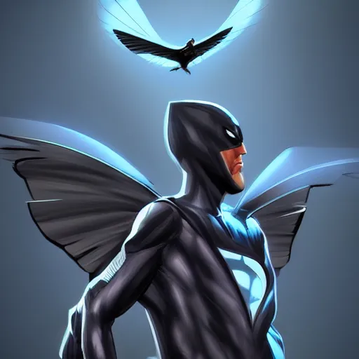 Prompt: mysterious superhero with a black bird themed suit flying , award winning concept art, Jason Chan, 4k