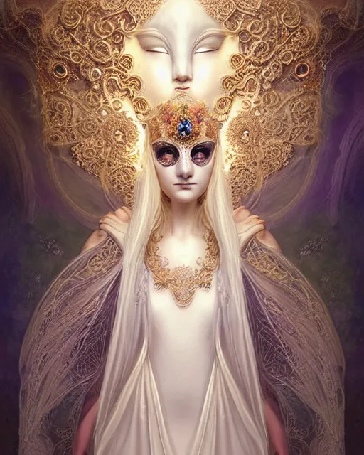 Prompt: beautiful ethereal maiden in a ivory masquerade mask intricate ornate fractal-lace and gemstones, wearing stunning ivory dress, ivory gold iridescent, full view, soft lighting, vivid, Hyperdetailed, 4k hd matte painting by Artgerm, Greg Rutkowski, Klimt, James Jean, 8k resolution, enchanting and otherworldly, Artstation, CGsociety, detailed, front view