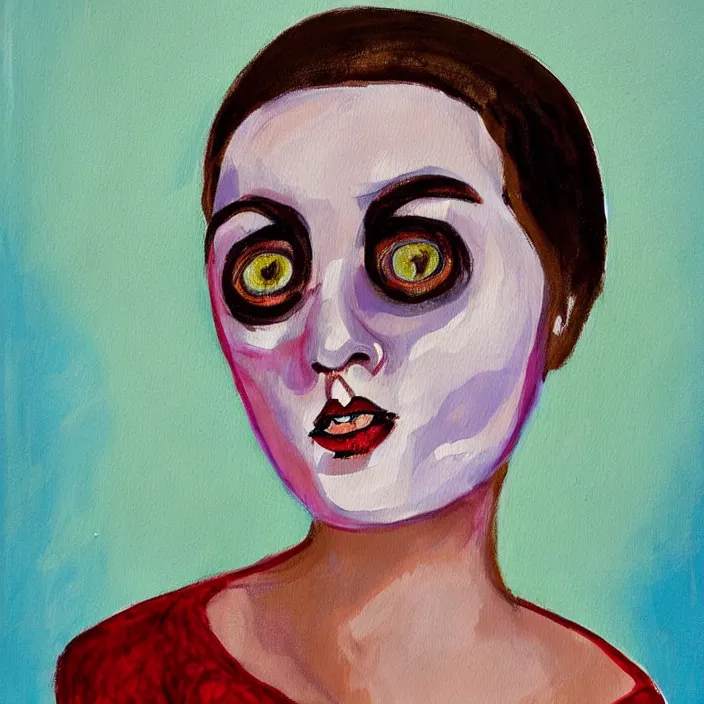 Prompt: nice quality and nice everything painting of a nice portrait of a yé-yé chanteuse with nice facial features, thick eyebrows, dark shadows under eyes, bright eyes, sweater and shorts, at the psych ward laughing at the viewer, stylistically like old French youth horror movies from the 1960s, softly shadowed, enjoyable, with quality provio, student art project 1986.