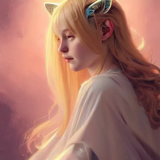 Image similar to Portrait of a girl angel with blonde hair, cat ears, glowing halo, wings, fantasy, intricate, elegant, highly detailed, digital painting, artstation, concept art, smooth, sharp focus, illustration, art by Krenz Cushart and Artem Demura and alphonse mucha