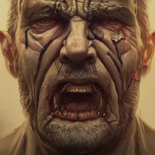 Prompt: close-up, symmetrical, portrait of an old man, bruised, scarred, marvel art, art by greg rutkowski, matte painting, trending on artstation