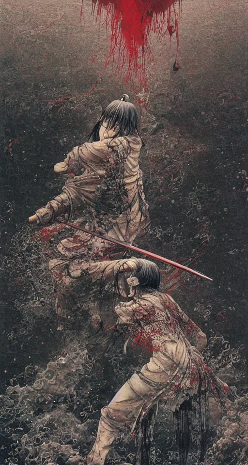 Image similar to Japanese schoolgirl runs away from Samurai with a katana on the subway, high detailed Beksinski painting, part by Adrian Ghenie and Gerhard Richter. art by Takato Yamamoto. masterpiece