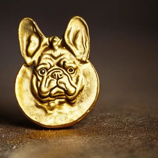 Image similar to an ancient roman gold coin with the face of a french bulldog, close up photo, ultra realistic, studio photo, bokeh.