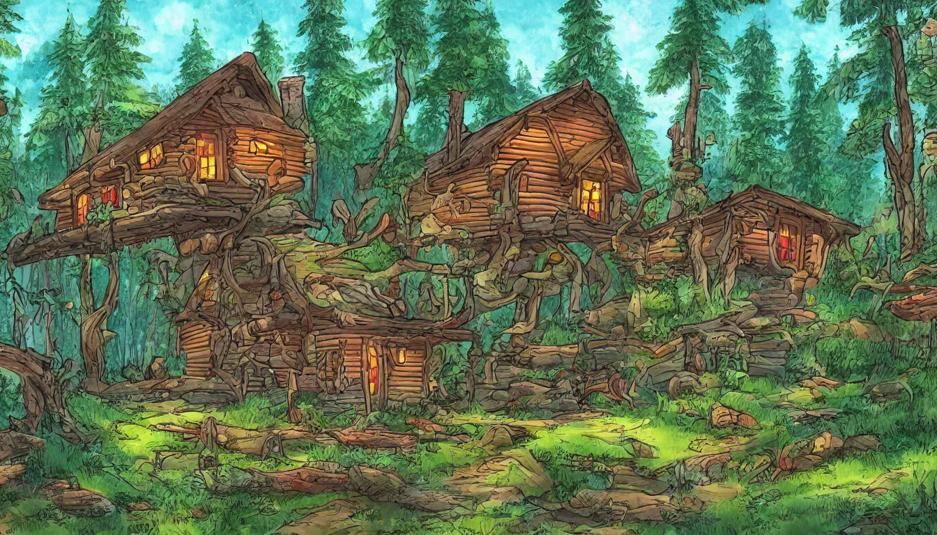 Prompt: a clearing in a forest with a cabin, Disney cartoon, animation, high detail, colorful