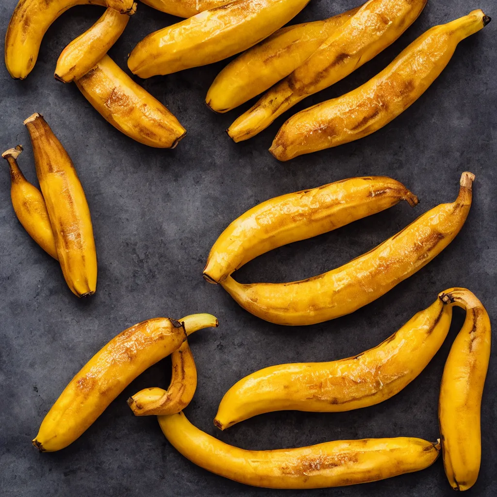 Prompt: long ripe bananas with orange skin, closeup, hyper real, food photography, high quality