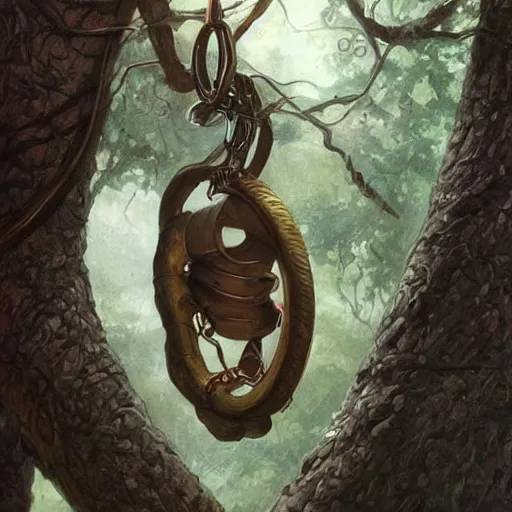 Prompt: highly detailed concept art of a car tire rubber hanging from a tree by a noose illustration, art by artgerm and donato giancola and Joseph Christian Leyendecker, Ross Tran