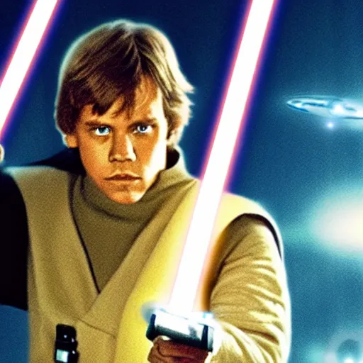 Prompt: luke skywalker pointing at stars with his lightsaber