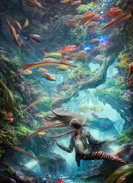 Image similar to people observing lots of beautiful fish in an underground aquarium corridor, in the style of artgerm, fantasy art, ray tracing, water droplets, highly detailed, artstation trend, highly detailed and intricate, sharp focus, photography, unreal engine 5