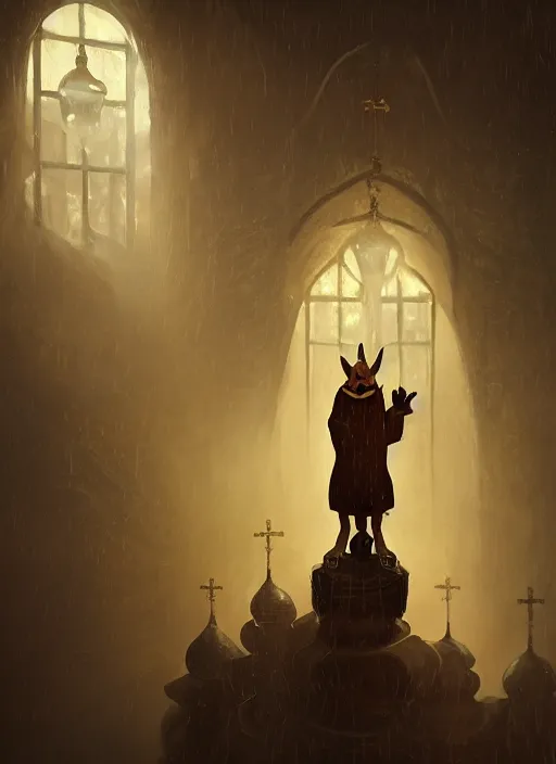 Image similar to surrealistic closeup portrait of anthropomorphic caracal in golden priest clothes wearing vr in orthodox church, bokeh, foggy, dynamic lighting, darkness, ambients, dramatic, foggy, heavy bokeh and blur, cinematic, depth of field, art by bussiere rutkowski andreas rocha