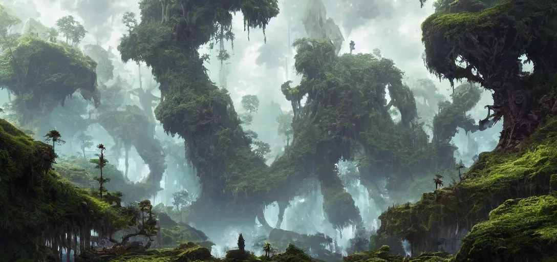 Image similar to Fantasy overgrown world , planet, waterfalls, ancient tree, Greg Rutkowski, Mike mignola, Kim Jung Gi, trending on Artstation, 8K, ultra wide angle, pincushion lens effect.