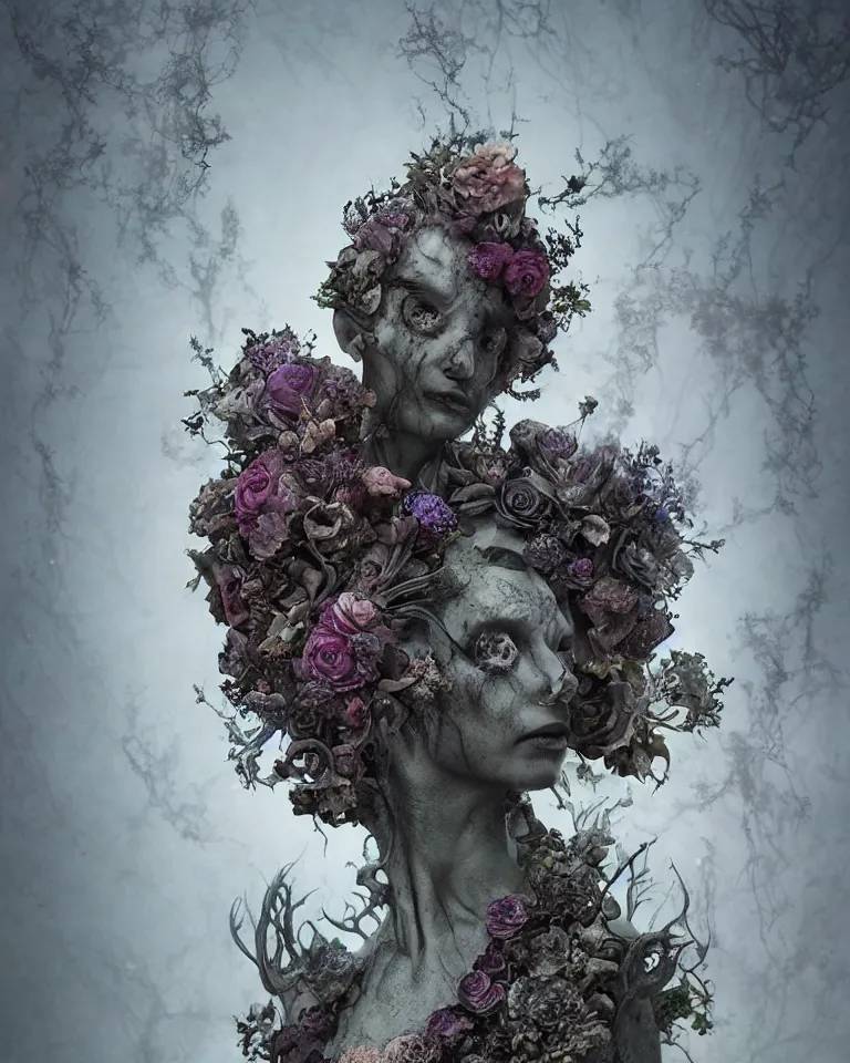 Image similar to portrait of a gothic cemetery statue made of mist and flowers breaking apart and mutating into mist, cosmic horror, Andrew Ferez, Charlie Bowater, Marco Mazzoni, Seb McKinnon, Ryohei Hase, Alberto Seveso, Kim Keever, trending on cgsociety, featured on zbrush central, new sculpture, mystical