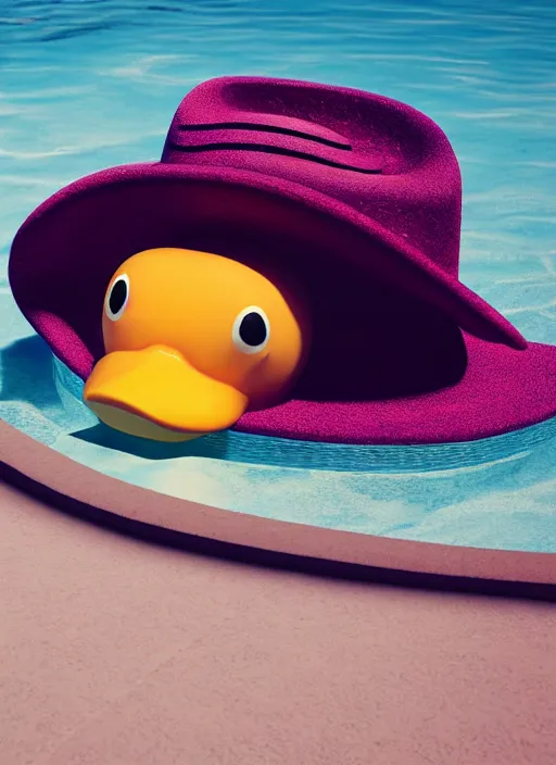 Prompt: photorealistic rubber duck in a pool wearing a sombrero hat, dynamic lighting, cinematic, hyper realism