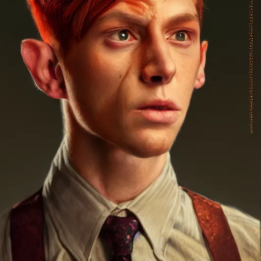 Prompt: portrait of a beautiful nonbinary actor with copper skin and messy short red hair wearing a men's suit, elf ears and yellow slitted eyes, by Gerald Brom and Ross Tran, hyper-realistic, dramatic lighting, 4K, trending on artstation