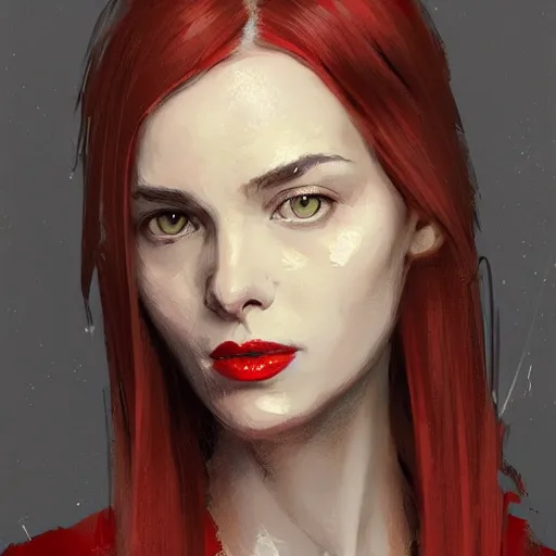 Image similar to Portrait of a woman by Greg Rutkowski, she is about 20 years old, redhead, long straight hair, beautiful oval face, wearing red and black utilitarian jumpsuit, older sister vibes, highly detailed portrait, digital painting, artstation, concept art, smooth, sharp foccus ilustration, Artstation HQ.