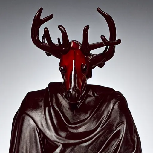 Prompt: an ominous haunting horse mask with many red eyes and twisting antlers figure wearing a black robe, ( ( ( ( with hands ) ) ) ), full figure, statue