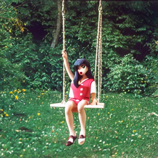 Prompt: scene dua lipa as nendoroid on the swing as nendoroid by the rural stream, kodak film