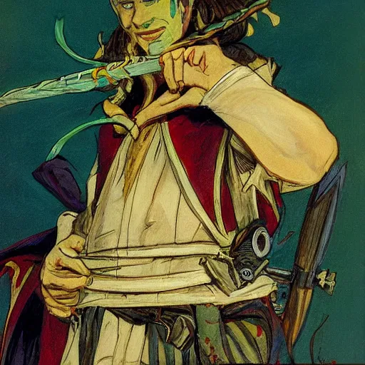 Image similar to D&D character portrait tiefling bard in a tavern playing a song but bad designed by john romita jr. painted by Edwin Austin Abbey