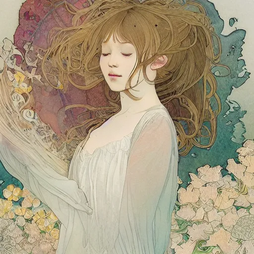 Image similar to a beautiful intricate watercolor illustration of a sleeping cute girl, 4 k, ultra - wide angle, by william turner, by victo ngai, by alphonse mucha, by miho hirano, by ellen jewett, hd, trending on artstation, hyper detailed, muted colors