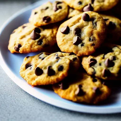 Image similar to a 5 0 mm macro shot of a plate of chocolate chip and prawn cookies