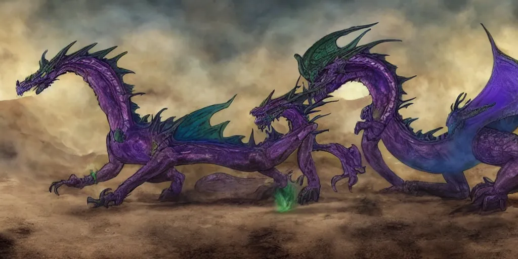 Image similar to an eighteen foot tall dragon with one green head one grey head one blue head one purple head and one gold head breathing fire from its purple head and attacking a small town in the middle of the desert