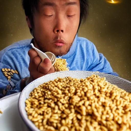 Image similar to battle weary samurai eating king wheat cereal as missiles fly above him