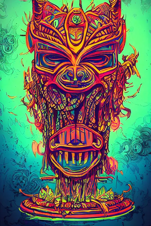 Image similar to totem animal tribal chaman vodoo mask feather gemstone plant video game illustration vivid color borderlands by josan gonzales and dan mumford radiating a glowing aura