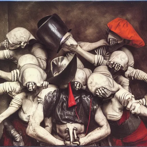 Prompt: 1 9 9 3 disposable camera color photo of a modern gang of plague doctors in the style of jan saudek, annie liebovitz, pieter bruegel the elder, joel peter witkin, gustave dore, heironymus bosch