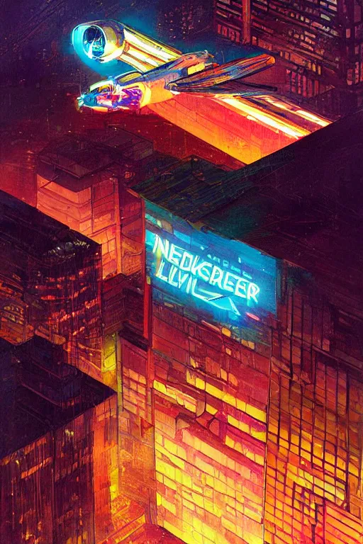 Image similar to cyberpunk buildings with a flight vehicle glowing in the sky, neon sign, bottom view ， bladerunner, by ryan hewett