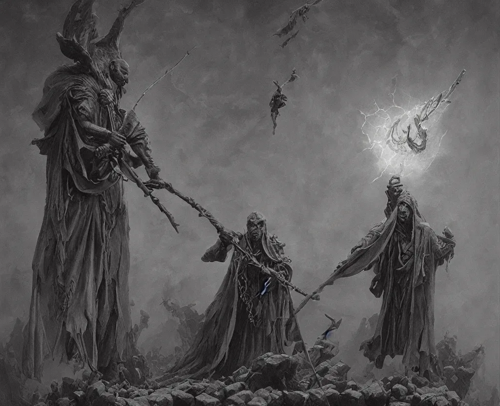Prompt: evil mage with black wings holding a magical staff, fallen from heaven, surrounded by followers, cinematic lighting, 8k highly detailed Beksinski Greg Hildebrandt